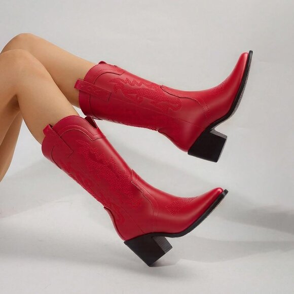 Women's Red Embroidered Pointed Toe Mid Calf Chunky Block Western Heel Boots - Picture 6 of 7